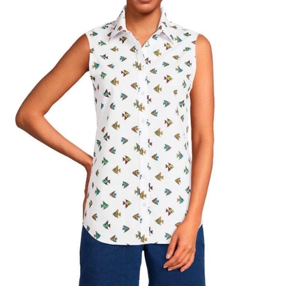 Lands End Womens Tropical Fish Print No Iron Supima Cotton Shirt M/Tall 10-12